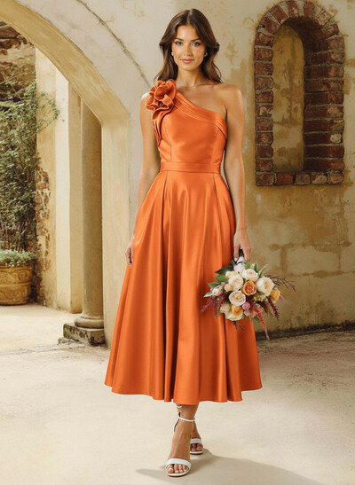 A-Line One-Shoulder Sleeveless Tea-Length Satin Bridesmaid Dresses With Flower(s)