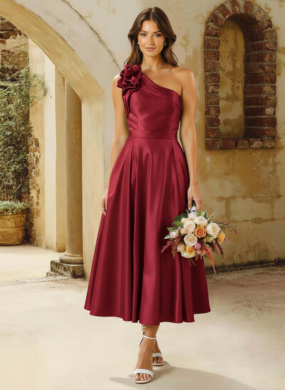 A-Line One-Shoulder Sleeveless Knee-Length Satin Bridesmaid Dresses With Flower