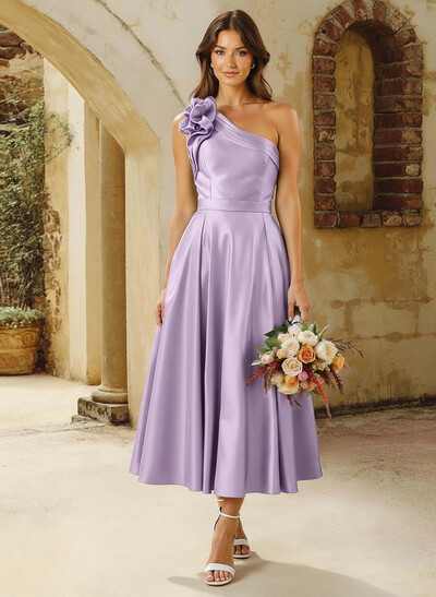 A-Line One-Shoulder Sleeveless Tea-Length Satin Bridesmaid Dresses With Flower(s)