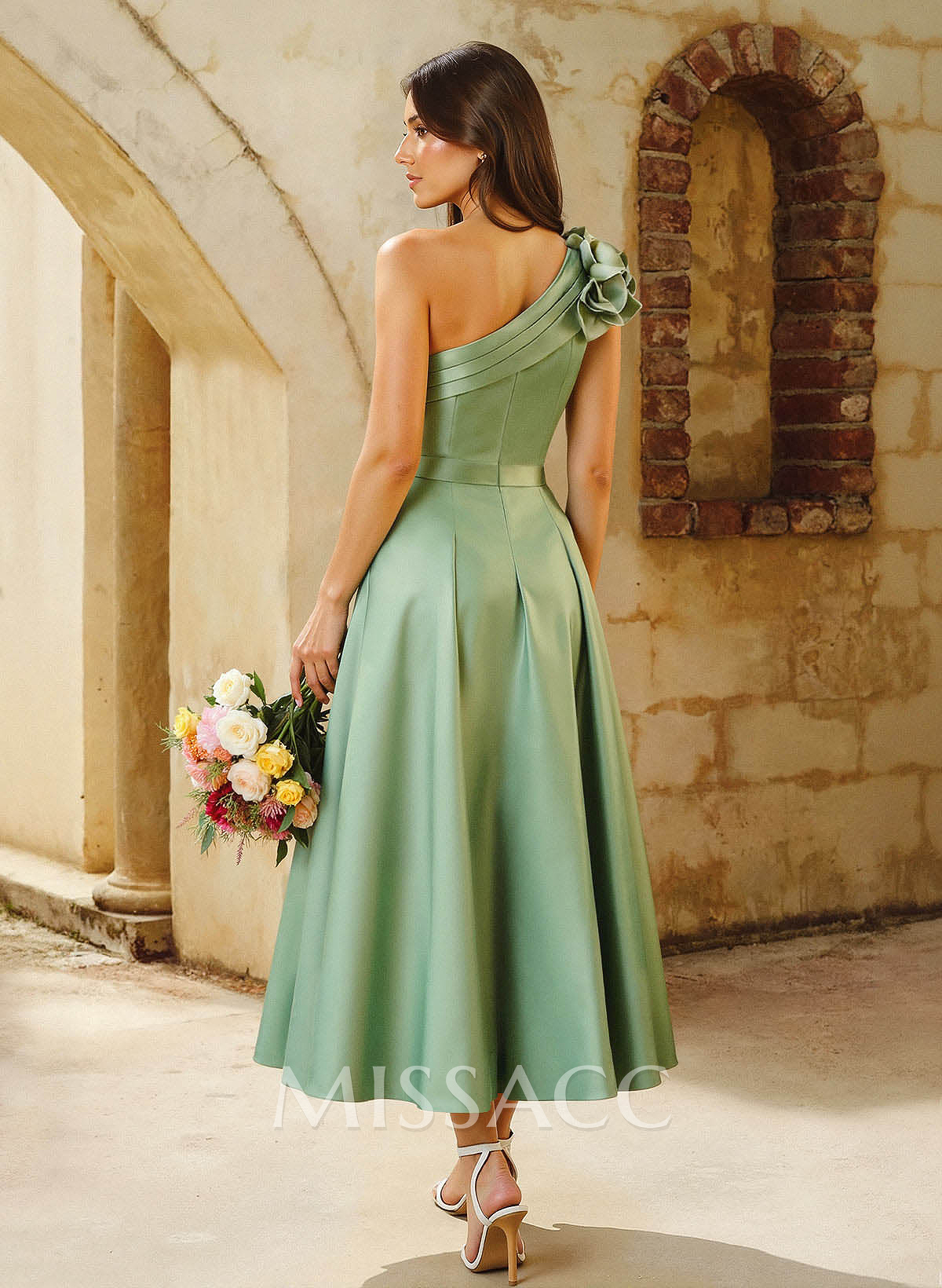 A-Line One-Shoulder Sleeveless Knee-Length Satin Bridesmaid Dresses With Flower A-Line One-Shoulder Sleeveless Knee-Length Satin Bridesmaid Dresses With Flower