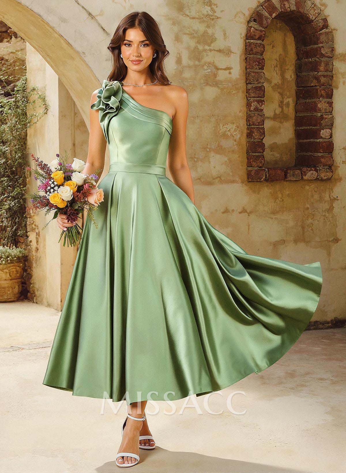A-Line One-Shoulder Sleeveless Knee-Length Satin Bridesmaid Dresses With Flower A-Line One-Shoulder Sleeveless Knee-Length Satin Bridesmaid Dresses With Flower