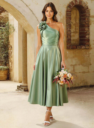 A-Line One-Shoulder Sleeveless Knee-Length Satin Bridesmaid Dresses With Flower