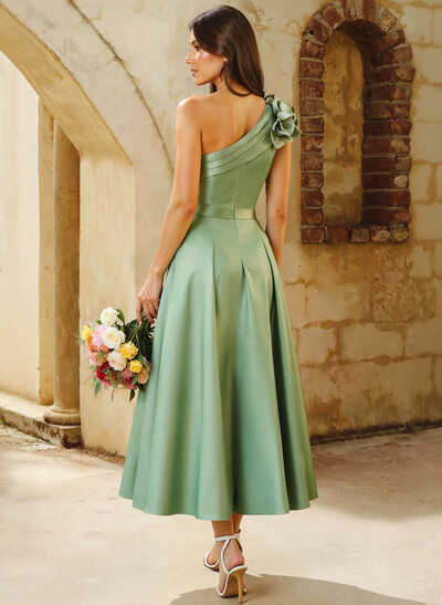 A-Line One-Shoulder Sleeveless Knee-Length Satin Bridesmaid Dresses With Flower