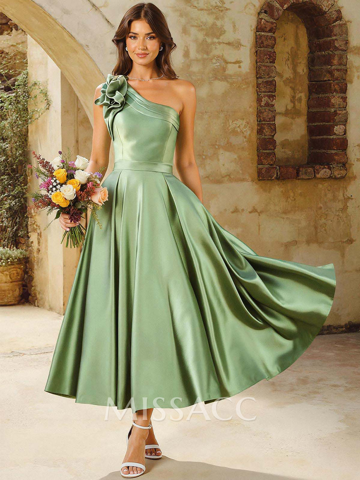 A-Line One-Shoulder Sleeveless Knee-Length Satin Bridesmaid Dresses With Flower
