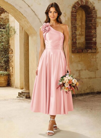 A-Line One-Shoulder Sleeveless Knee-Length Satin Bridesmaid Dresses With Flower