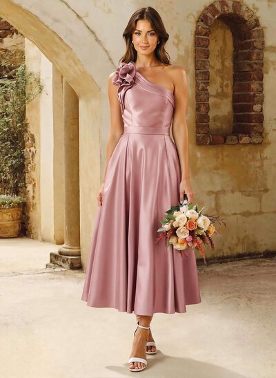 A-Line One-Shoulder Sleeveless Knee-Length Satin Bridesmaid Dresses With Flower