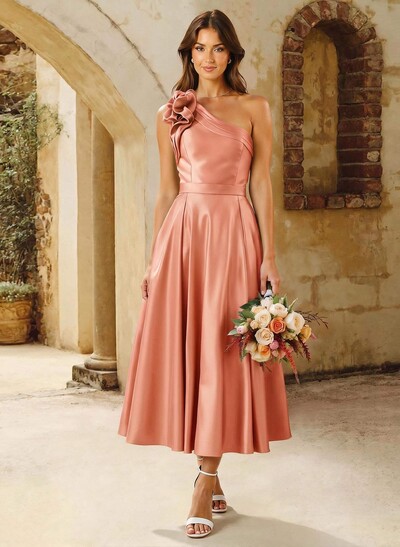 A-Line One-Shoulder Sleeveless Knee-Length Satin Bridesmaid Dresses With Flower