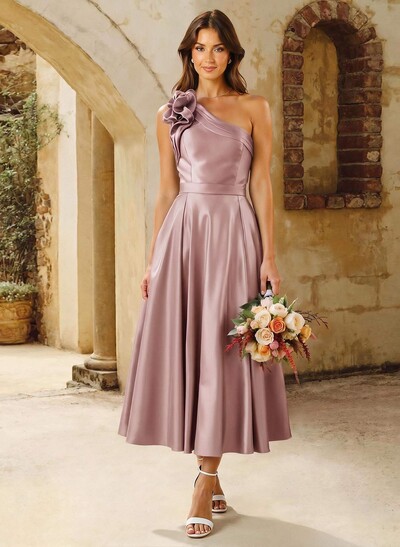 A-Line One-Shoulder Sleeveless Knee-Length Satin Bridesmaid Dresses With Flower