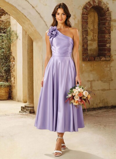 A-Line One-Shoulder Sleeveless Knee-Length Satin Bridesmaid Dresses With Flower