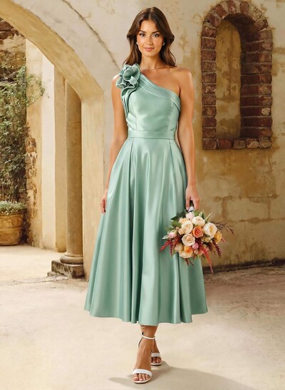 A-Line One-Shoulder Sleeveless Knee-Length Satin Bridesmaid Dresses With Flower