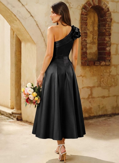 A-Line One-Shoulder Sleeveless Knee-Length Satin Bridesmaid Dresses With Flower