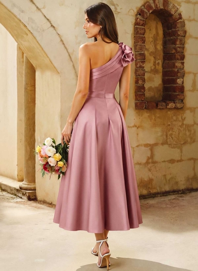 A-Line One-Shoulder Sleeveless Knee-Length Satin Bridesmaid Dresses With Flower