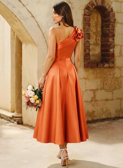 A-Line One-Shoulder Sleeveless Knee-Length Satin Bridesmaid Dresses With Flower