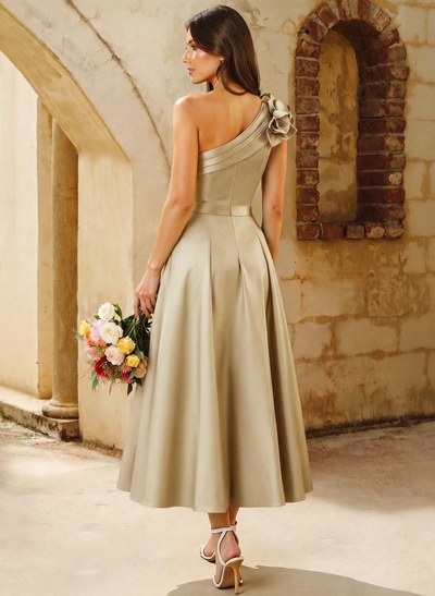 A-Line One-Shoulder Sleeveless Knee-Length Satin Bridesmaid Dresses With Flower