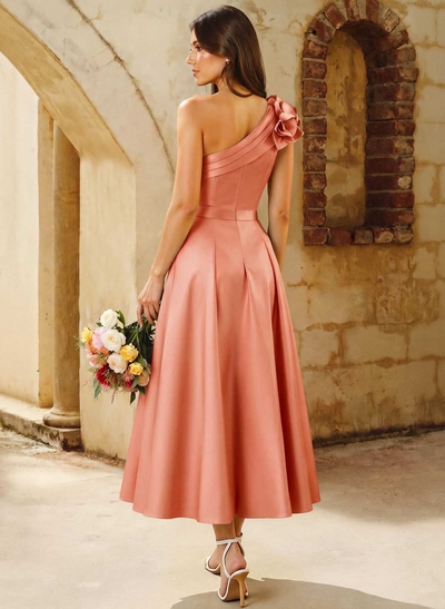A-Line One-Shoulder Sleeveless Knee-Length Satin Bridesmaid Dresses With Flower