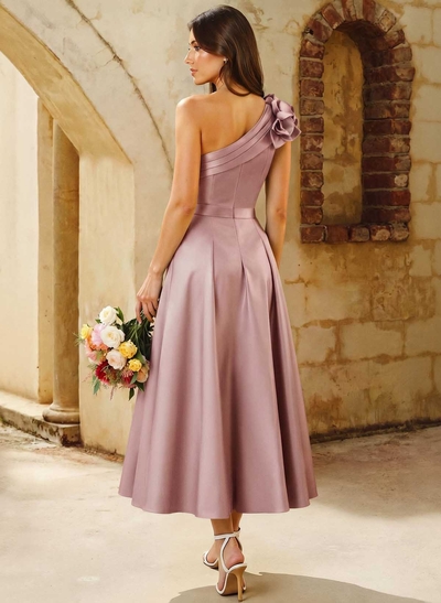 A-Line One-Shoulder Sleeveless Knee-Length Satin Bridesmaid Dresses With Flower