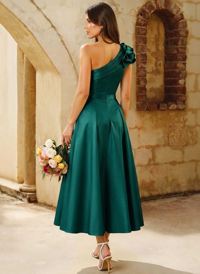 A-Line One-Shoulder Sleeveless Knee-Length Satin Bridesmaid Dresses With Flower