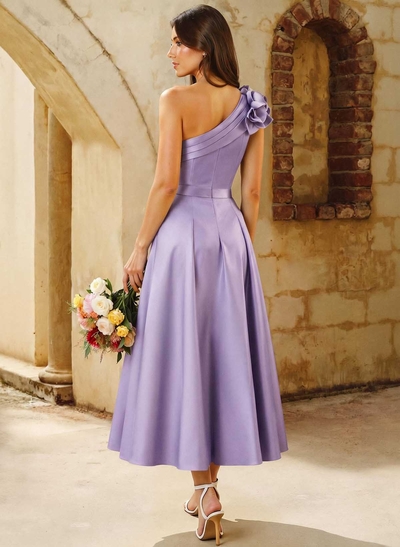A-Line One-Shoulder Sleeveless Knee-Length Satin Bridesmaid Dresses With Flower