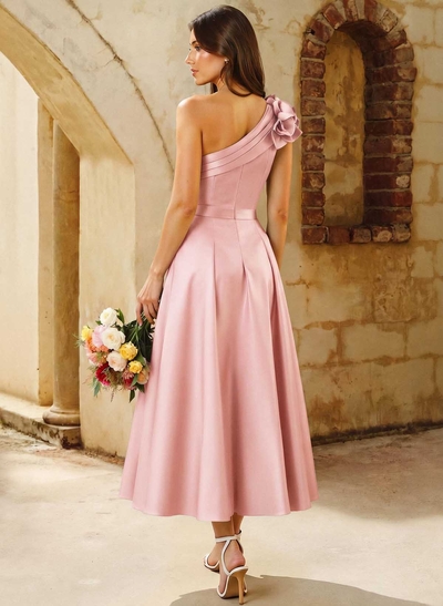 A-Line One-Shoulder Sleeveless Knee-Length Satin Bridesmaid Dresses With Flower
