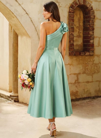 A-Line One-Shoulder Sleeveless Knee-Length Satin Bridesmaid Dresses With Flower