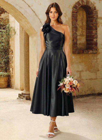 A-Line One-Shoulder Sleeveless Knee-Length Satin Bridesmaid Dresses With Flower