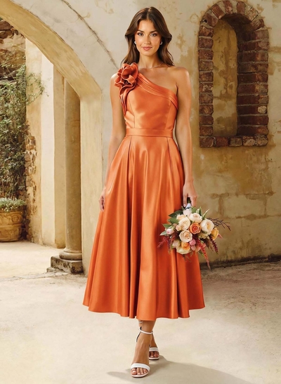 A-Line One-Shoulder Sleeveless Knee-Length Satin Bridesmaid Dresses With Flower