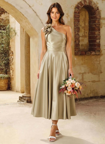 A-Line One-Shoulder Sleeveless Knee-Length Satin Bridesmaid Dresses With Flower