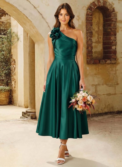 A-Line One-Shoulder Sleeveless Knee-Length Satin Bridesmaid Dresses With Flower