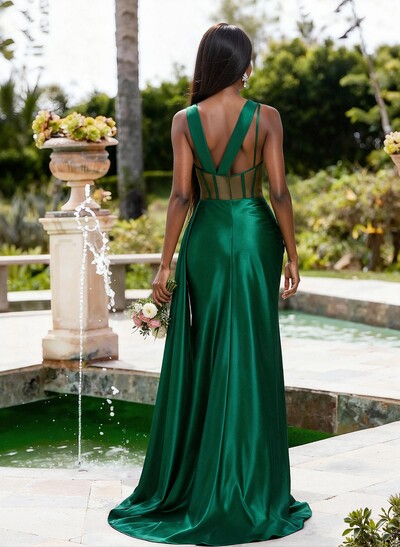 Trumpet/Mermaid V-Neck Sleeveless Sweep Train Stretch Satin Knit Bridesmaid Dresses With High Split