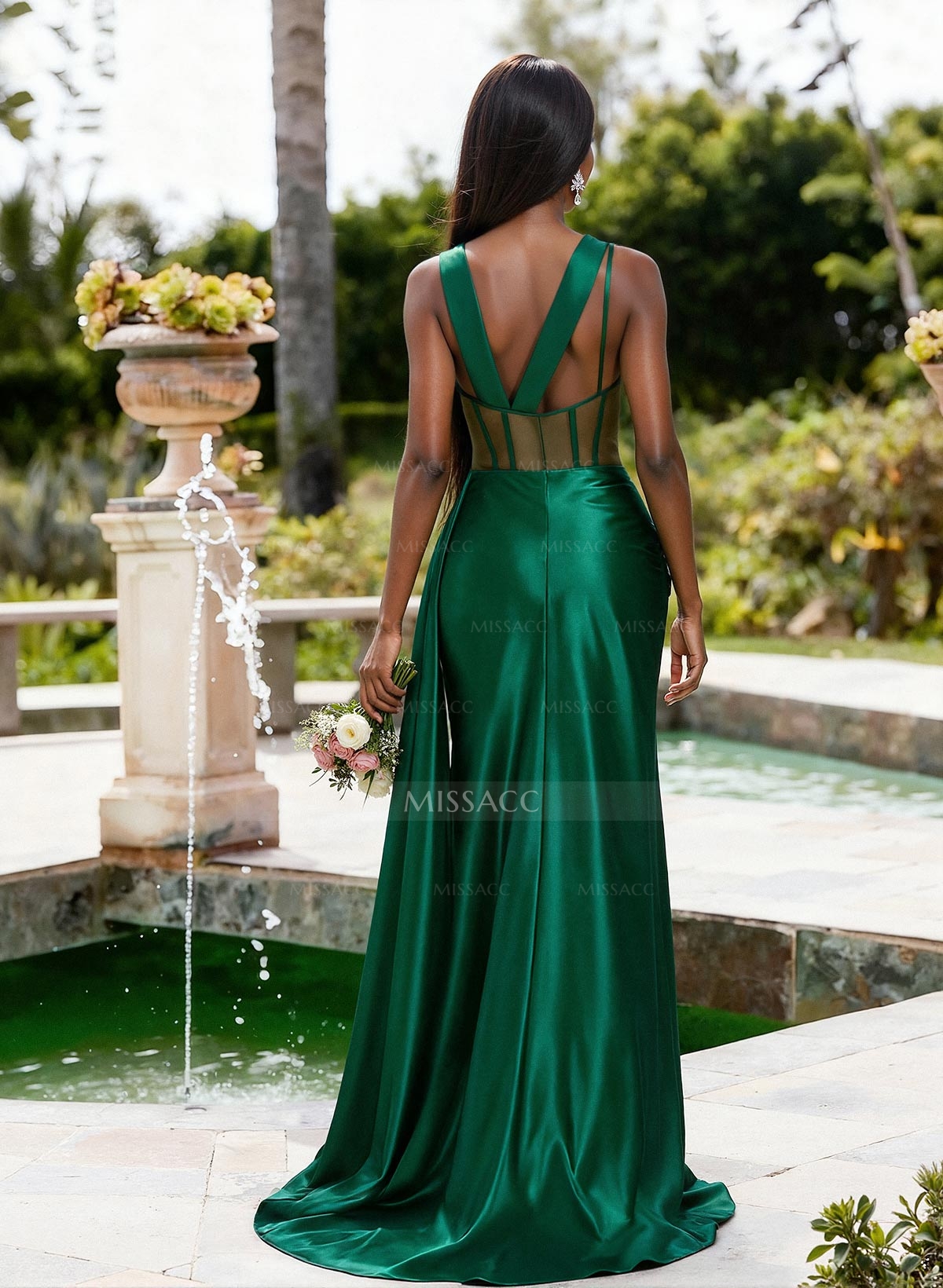 Trumpet/Mermaid V-Neck Sleeveless Sweep Train Stretch Satin Knit Bridesmaid Dresses With High Split