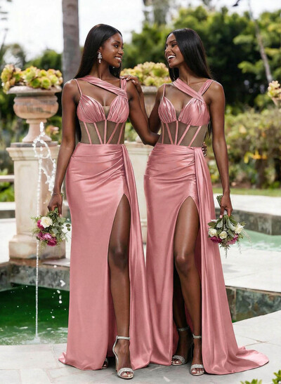 Trumpet/Mermaid V-Neck Sleeveless Sweep Train Stretch Satin Knit Bridesmaid Dresses With High Split