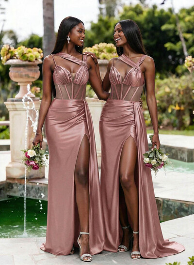 Trumpet/Mermaid V-Neck Sleeveless Sweep Train Stretch Satin Knit Bridesmaid Dresses With High Split