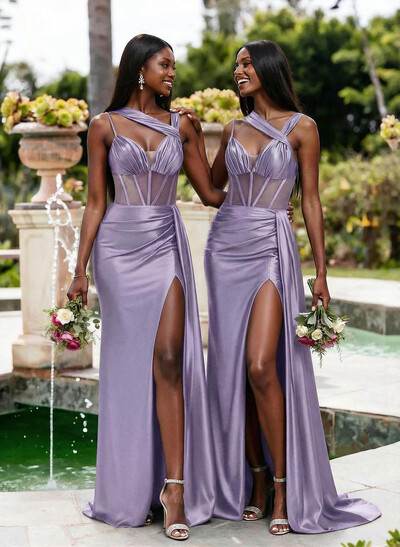 Trumpet/Mermaid V-Neck Sleeveless Sweep Train Stretch Satin Knit Bridesmaid Dresses With High Split