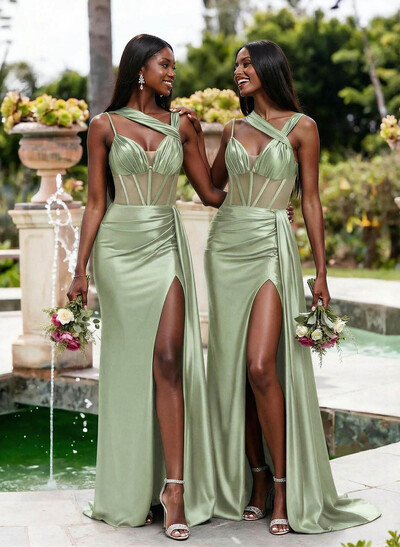 Trumpet/Mermaid V-Neck Sleeveless Sweep Train Stretch Satin Knit Bridesmaid Dresses With High Split