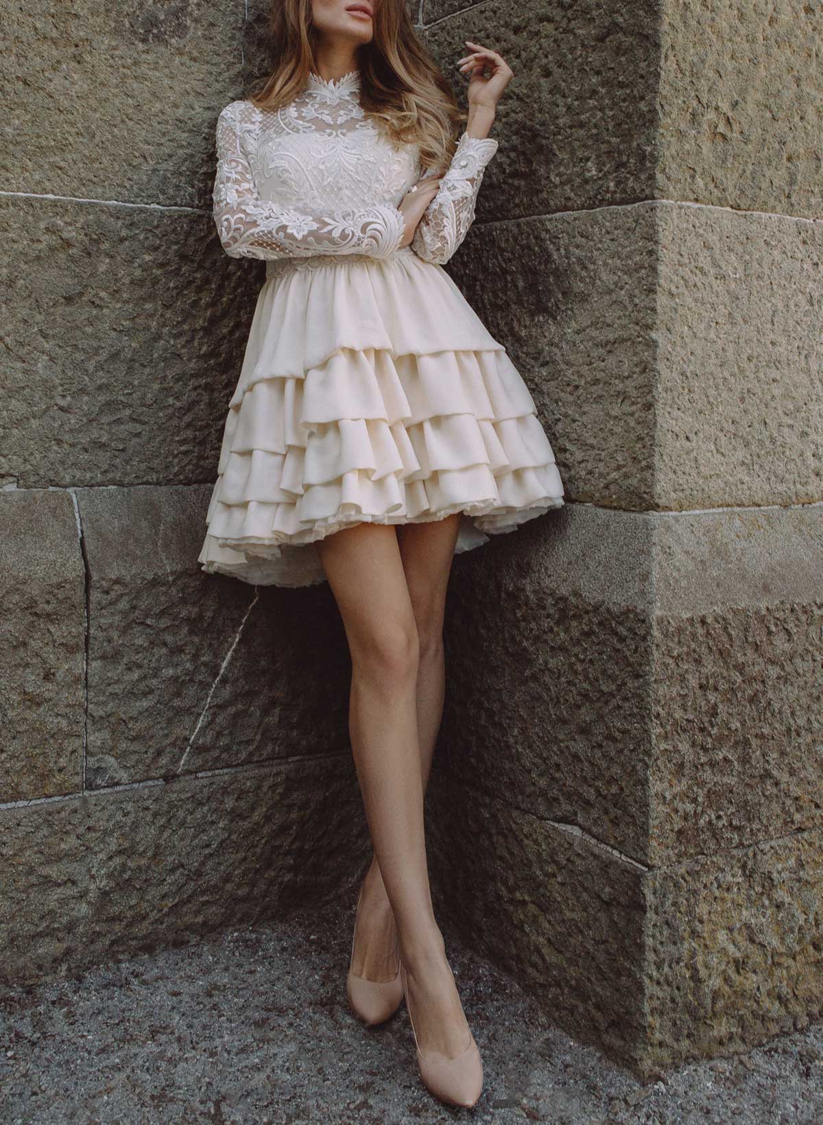 Elegant High Neck Long Sleeves Tiered A-Line Short/Mini Lace Cocktail Dresses
