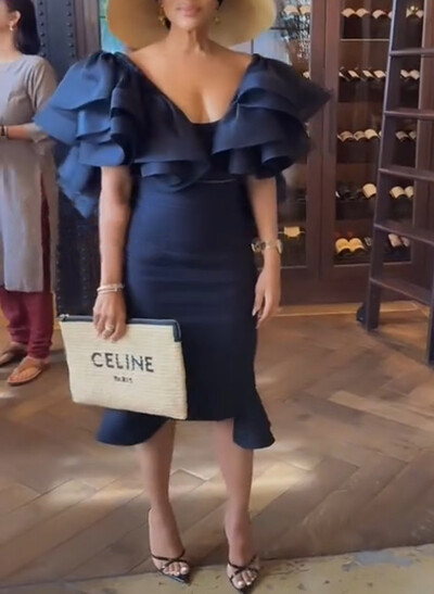 Elegant V-Neck Short Sleeves Knee-Length Matte Satin Cocktail Dresses With Cascading Ruffles