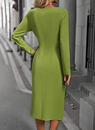 Elegant Scoop Neck Long Sleeves Tea-Length Elastic Satin Cocktail Dresses With Split Front/Sequins