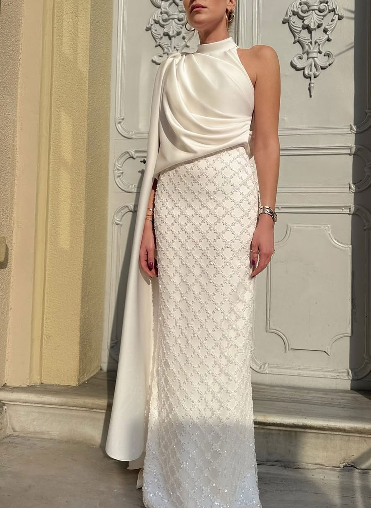 High Neck Cape Sleeves Beading Sequins Lace Floor-Length Satin Evening Dresses