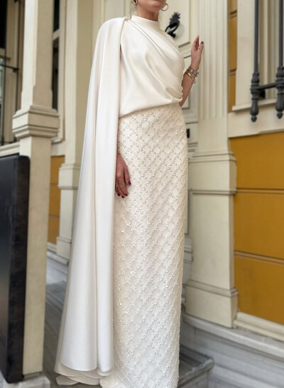 High Neck Cape Sleeves Beading Sequins Lace Floor-Length Satin Evening Dresses