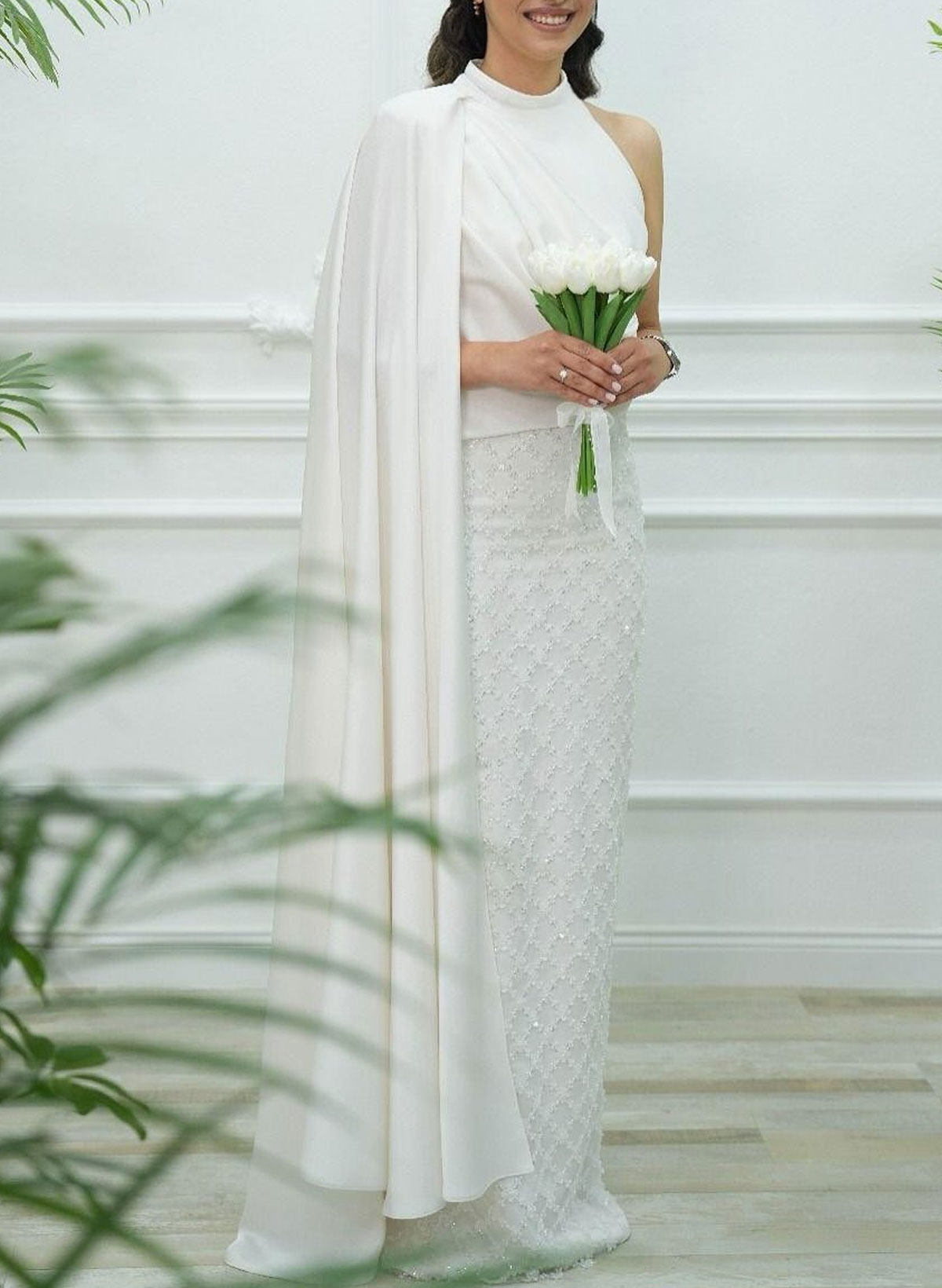 High Neck Cape Sleeves Beading Sequins Lace Floor-Length Satin Evening Dresses
