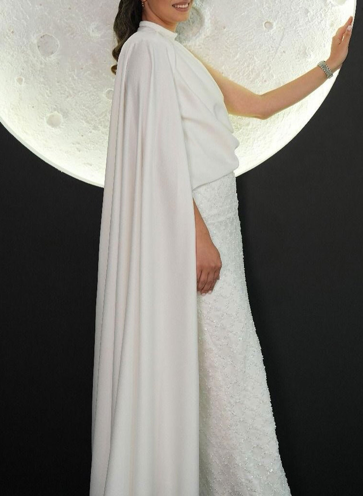 High Neck Cape Sleeves Beading Sequins Lace Floor-Length Satin Evening Dresses