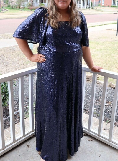 Sparkle & Shine Square Neckline 1/2 Sleeves Floor-Length Sequined Evening Dresses