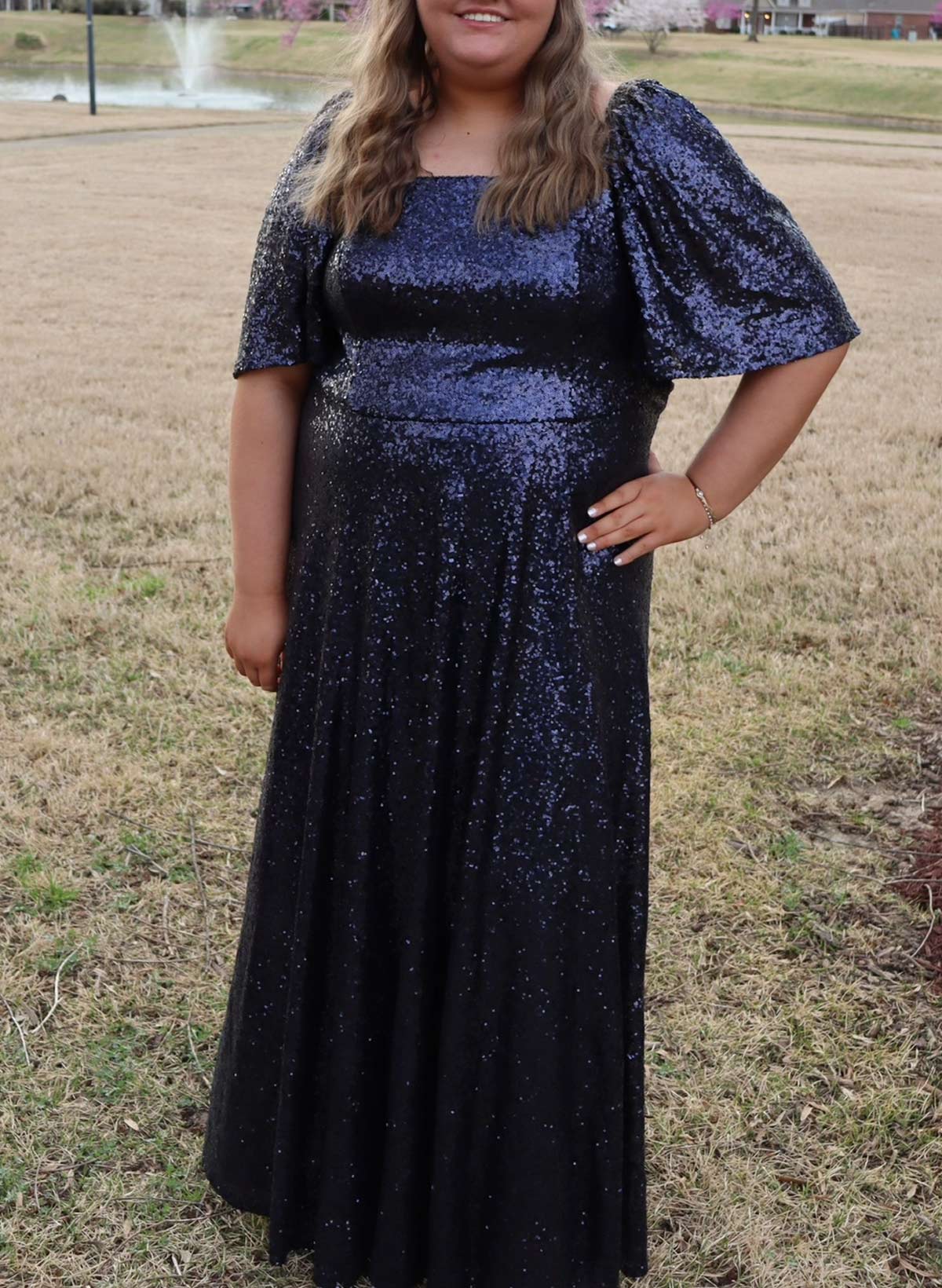 Sparkle & Shine Square Neckline 1/2 Sleeves Floor-Length Sequined Evening Dresses