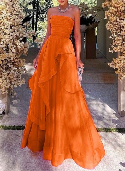 Elegant Strapless Sleeveless Tiered Ruffle A-Line Floor-Length Tulle Evening Dresses