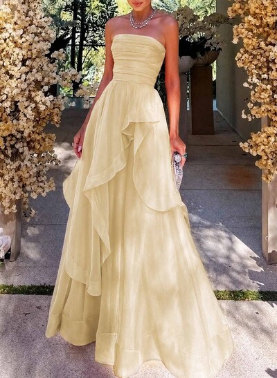 Elegant Strapless Sleeveless Tiered Ruffle A-Line Floor-Length Tulle Evening Dresses