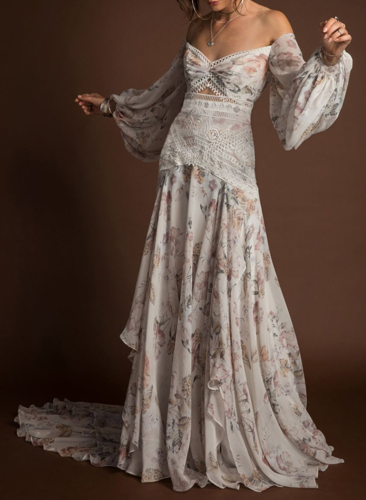 Off-The-Shoulder Long Sleeves A-Line Court Train Lace/Chiffon Evening Dresses