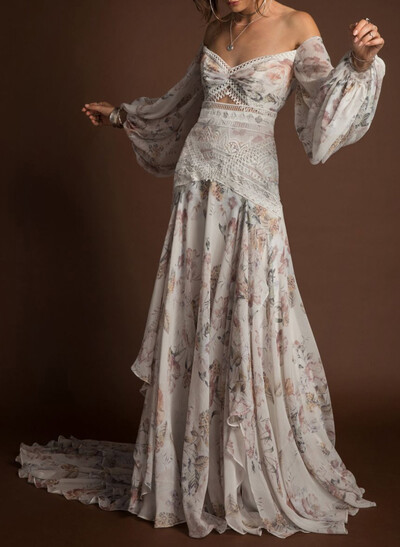 Off-The-Shoulder Long Sleeves A-Line Court Train Lace/Chiffon Evening Dresses