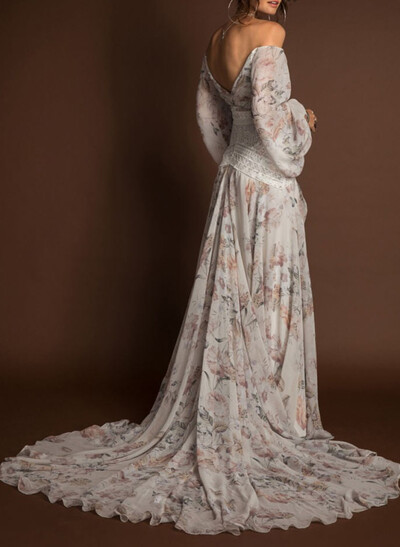 Off-The-Shoulder Long Sleeves A-Line Court Train Lace/Chiffon Evening Dresses