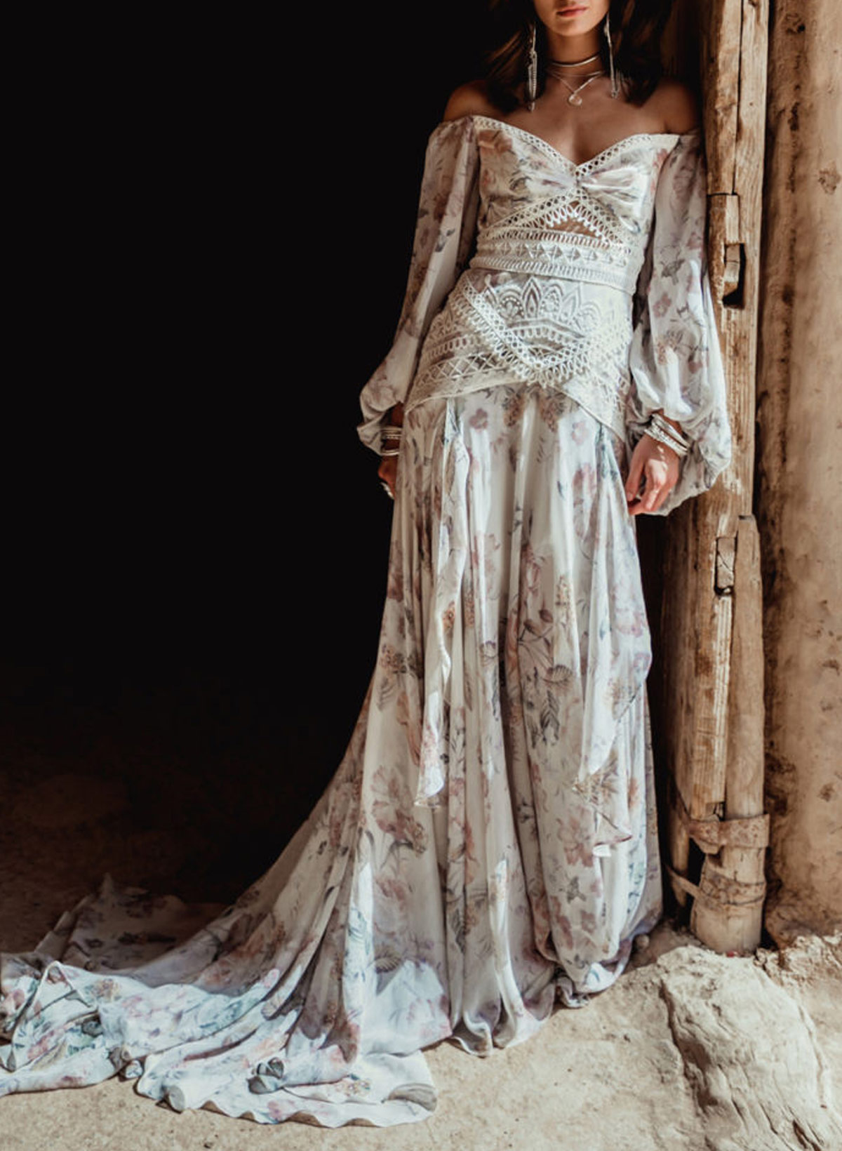 Off-The-Shoulder Long Sleeves A-Line Court Train Lace/Chiffon Evening Dresses