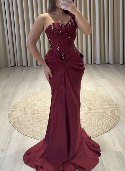 Elegant One-Shoulder Sweetheart Mermaid Sweep Train Elastic Satin Evening Dresses With Beading